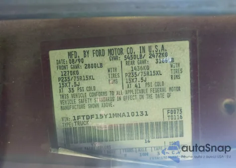 1991 Ford F150 из США, поврежденный, VIN 1FTDF15Y1MNA10131